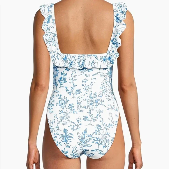 Lilly Pulitzer Aemma Ruffle One-Piece Swimsuit Resort White Tall Tales" print. - Picture 4 of 10